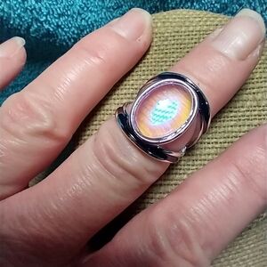 Silvertone faux moonstone black stripe ring. Ignore reflection in pic.
